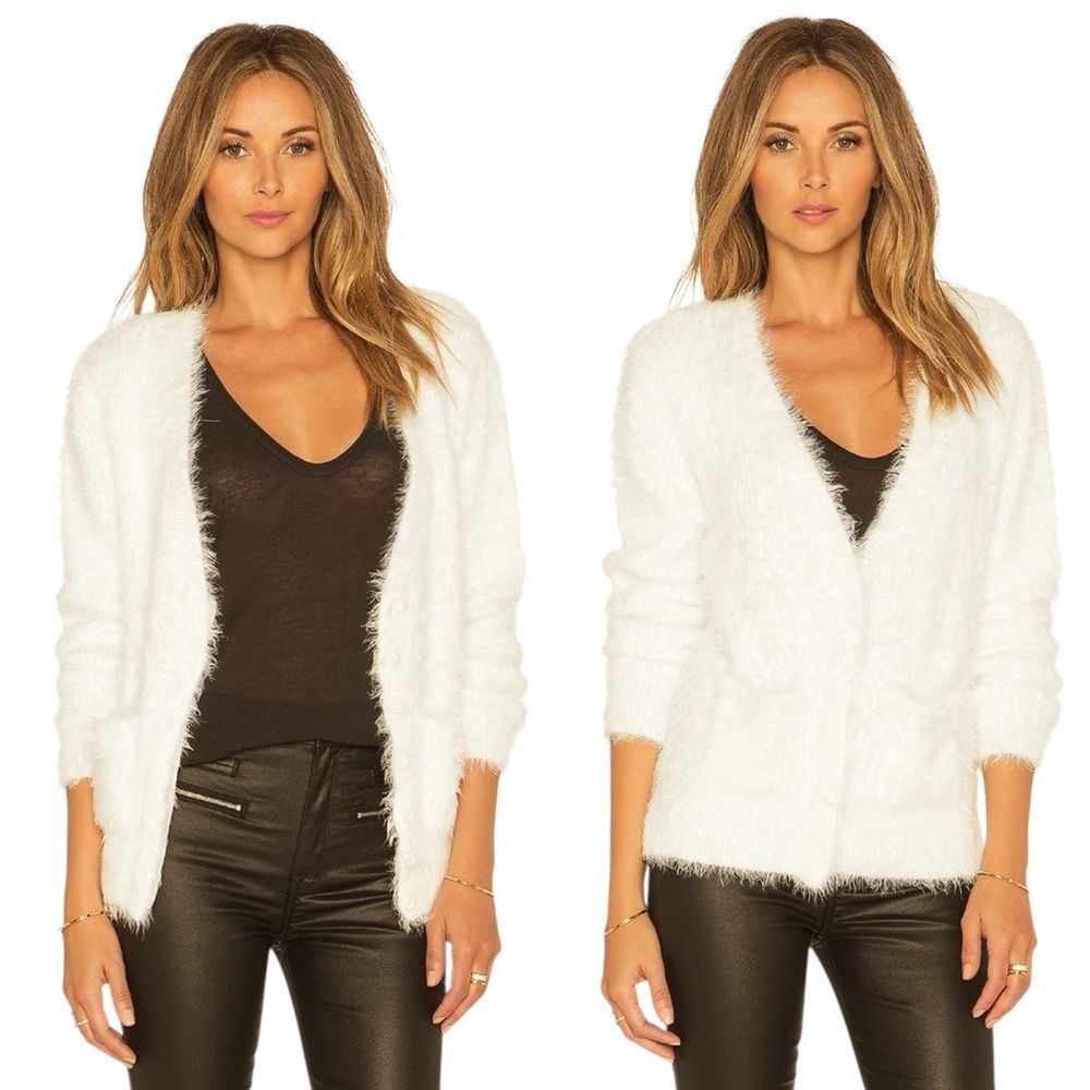 ANINE BING Teddy Cardigan L Ivory Fuzzy Knit Button V-Neck Cozy Luxe Minimalist